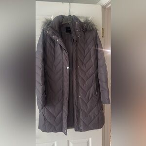 Marc New York Quilted Long Puffer Coat in Charcoal with Faux Fur Trim